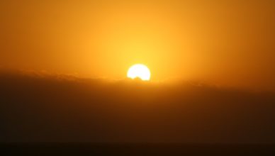 A Vivid Orange Sunset (or Sunrise) on an orange sky with a dark foreground